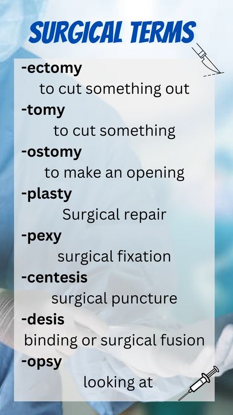 Medical Terms for Surgery   | Medical Suffix  | Surgical Terms Surgery Nursing Cheat Sheets, Operating Room Assistant, Dermatology Medical Terms, Medical Terms Nursing, Surgical Technician Study, Surgical Terminology, Surgical Tech Study Notes, Sterile Processing Tech Notes, Certified Surgical Technologist