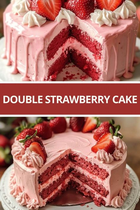 Delight in the sweet, fresh flavors of strawberries with this Double Strawberry Cake! Perfect for any occasion, this cake combines a strawberry-flavored cake base with a creamy, strawberry-infused cream cheese frosting, making it a must-try for strawberry lovers. Strawberry Genoise Cake, Strawberry Cake And Icing, Strawberry Cake Strawberry Icing, Wedding Cake With Strawberry Filling, Strawberry Butter Cake Recipe, Strawberry Moist Cake, Strawberry Cake With Frosting, Cake Recipes Decorating, Strawberry Banana Smash Cake