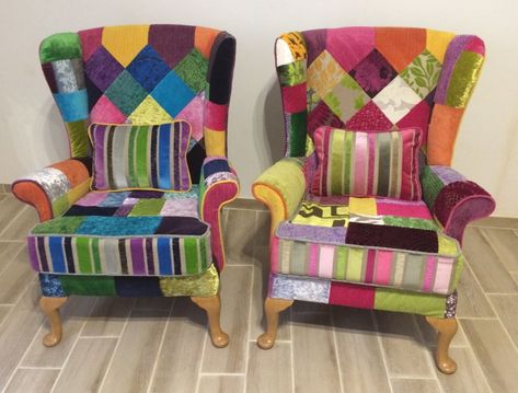 Patchwork Wingback Chair, Patchwork Chairs, Ikea Chair Cover, Armchair Inspiration, Patchwork Armchair, Armchairs Uk, Unique Chairs, Upholstery Trends, Patchwork Chair