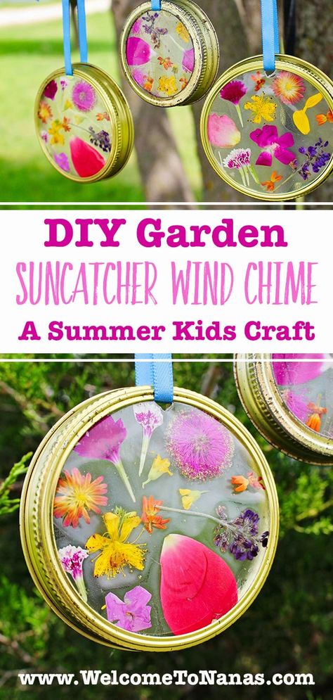 Use flower blooms to make a DIY Garden Suncatcher Wind Chime. An easy summer kids craft on contact paper framed in Mason jar lid rings! #WelcometoNanas #WindChime #DIYSunCatcher #FlowerCraft Flower Wind Chimes, Crafting With Recycled Materials, Kids Garden Projects, End Of Summer Kids Crafts, Easy Outdoor Crafts For Kids, Paper Garden Craft, Spring Crafts For Preschoolers Easy, Outdoor Arts And Crafts, Kid Crafts Summer