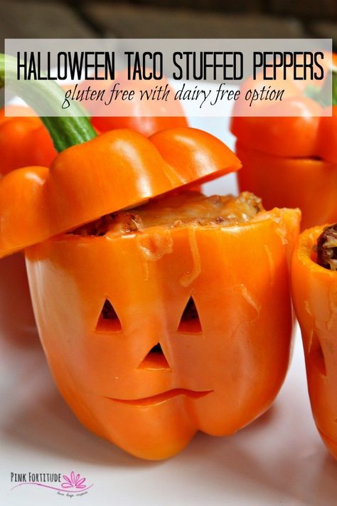 Orange peppers are screaming for Halloween. Why not try this Halloween Taco Stuffed Peppers recipe? They are just as easy to make as tacos, taste just as good (if not better) and are super cute little Jack O' Lantern pumpkins for your Halloween dinner or Halloween party. They are gluten free and you can even make them dairy free too. Get the recipe... #halloween #recipe #taco #pinkfortitude Muffins Halloween, Lantern Pumpkins, Taco Stuffed Peppers, Recipes Halloween, Stuffed Peppers Recipe, Recipes Drinks, Orange Peppers, Halloween Dinner, Dairy Free Options