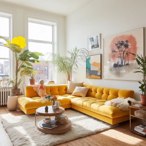 Image Mustard Color Couch, Mustard Sectional Living Room, Living Room With Yellow Sofa, Warm Bright Living Room, Mustard Yellow Couch Living Room Ideas, Light Yellow Couch, White Yellow Living Room, Yellow Couch Decor, White And Yellow Living Room