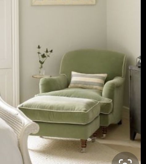 Green Chair Living Room, Modern Farmhouse Desk, Townhouse Renovation, Snug Room, Sage Green Bedroom, Upholstery Armchair, Victorian Townhouse, Green Armchair, A Family Of Four