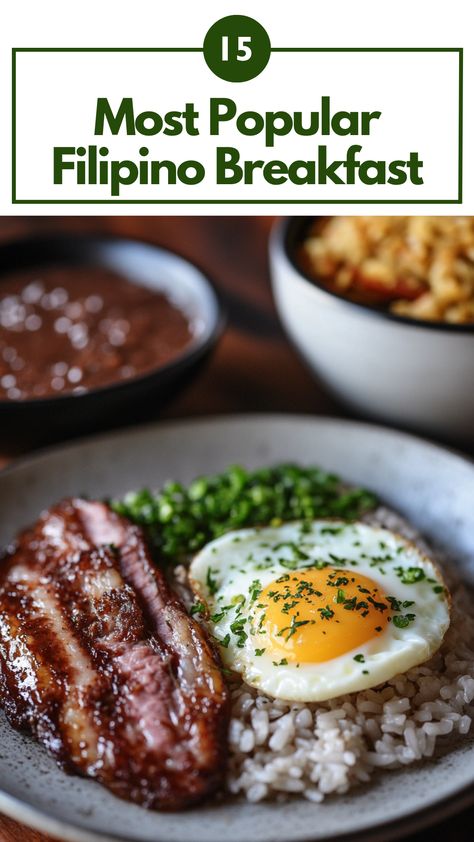 A plate of Tapsilog, a popular Filipino breakfast dish, served with garlic rice, egg, and cured meat, alongside a bowl of Champorado, a sweet chocolate rice porridge. Filipino Recipes Breakfast, Filipino Champorado Recipe, Filipino Healthy Food, Breakfast Ideas Filipino Style, Filipino Breakfast Aesthetic, Philippine Breakfast, Champorado Recipe, Breakfast Bento, Philippine Food