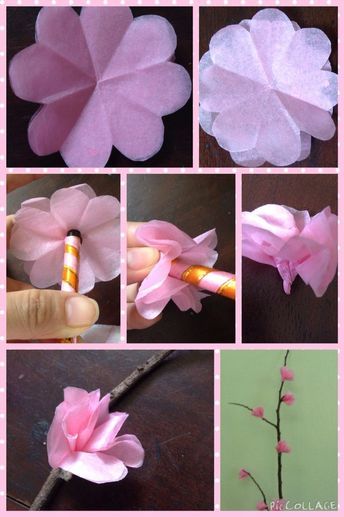 Diy cherry blossoms Cherry Blossom Diy Craft Ideas, Cherry Blossom Crafts, Cherry Blossom Craft, Diy Easy Paper Crafts, Paper Crafts Tutorial, Japanese Plum Tree, Cherry Blossom Wedding Theme, Cherry Blossom Party, Japan Decor