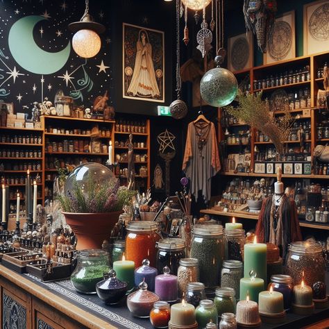 Magic Shop Interior, Witch's Apothecary, Witchy Vendor Booth, Metaphysical Store Display, Witchy Cafe Aesthetic, Witchy Products, Psychic Shop, Witchy Store Aesthetic, Witches Shop