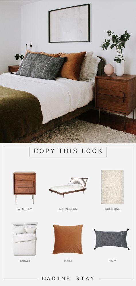 Acorn Bedroom Furniture, Caramel Bedding Decor, Brown Leather Bedroom Ideas, Mustard And Cream Bedroom, Mustard Comforter Bedroom, Brown Nightstand Decor Bedroom, Bed Linen Styling Color Schemes, Cream Comforter Bedroom Ideas, Brown Pillows Bedroom