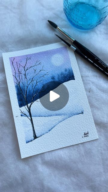 Dorothee on Instagram: "Snowy landscape Just playing around a little and enjoying the process. Hope you like my little reel and find it relaxing as well 🤗 . . . #snow #tree #landscape #watercolorpainting #watercolorlandscape #simple #simpleimage #paintwhatyoufeel #paintwhatinspires #loveofnature #capture #capturethemoment #artofcapturing #snowfall #snowynight #painttorelax #davincibrushes #blackvelvetbrushes #schmincke_official" Watercolour Snow Scenes Winter Landscape, Watercolor Winter Landscape Tutorial, Landscape Watercolor Easy, Winter Watercolor Paintings Easy, How To Paint Snow, Watercolour Inspiration Landscape, Easy Watercolor Paintings Landscapes, Winter Watercolor Simple, Watercolour Landscape Easy