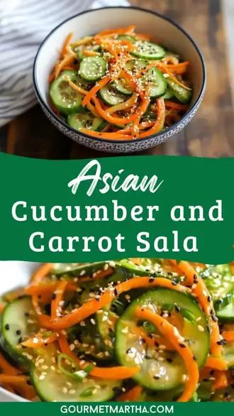 Looking for a light, refreshing, and healthy side dish? This Asian Cucumber and Carrot Salad is packed with crisp veggies and tangy flavors that will awaken your taste buds. It's the perfect combination of crunchy, sweet, and savory – an irresistible addition to any meal! Ready to cook? Click for the recipe #AsianSalad #HealthyRecipes #CucumberSalad #CarrotSalad #EasySideDish #SaladIdeas #HealthyEating #FreshFlavors #QuickRecipes #VegetarianDelight Asian Carrot Salad, Sweet Cucumber Salad, Namasu Recipe, Cucumber Salad Asian, Thai Side Dishes, Asian Cucumber Salad Recipe, Cucumber Carrot Salad, Japanese Cucumber Salad, Chinese Salad