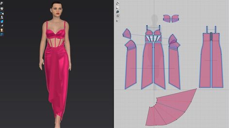 Fashion 3d (Marvelous designer/ Clo 3d) Marvelous Designer Pattern Dresses, Clo 3d Fashion Design, Clo 3d Pattern, Fashion Illustration With Fabric, Clo3d Patterns, 3d Fashion Illustration Dresses, Clo3d Design, Marvelous Designer Pattern, Clo 3d Fashion