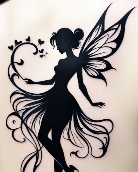 "Sleek Fairy Silhouette" Simple, flowing black ink fairy with butterfly and stars, perfect for minimalist design. #SleekFairy #MinimalistTattoo #BlackInkArt #TattooInspiration Fairy Silhouette Simple, Butterfly And Stars, Black Ink Art, Fairy Silhouette, Fairy Tattoo Designs, Butterfly Tattoos For Women, Black Fairy, Fairy Pictures, Fairy Tattoo