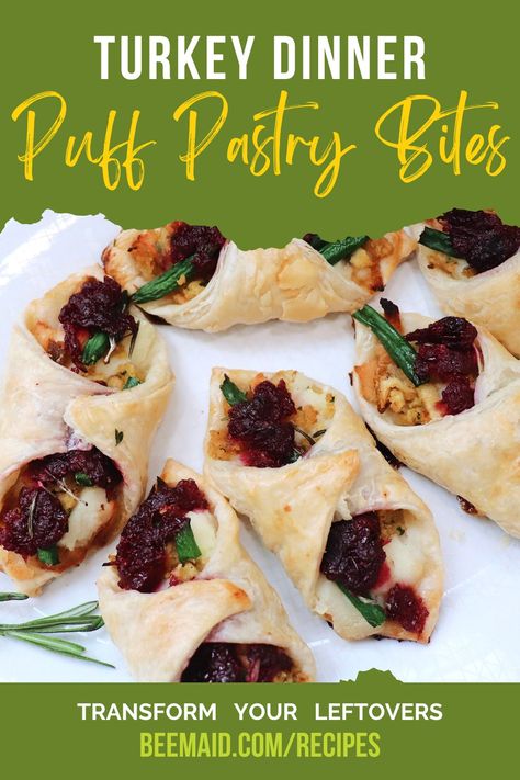 Don’t settle for boring Thanksgiving leftovers. Give your taste buds a savory treat and let BeeMaid Honey transform yesterday’s feast into bite-sized delights. With a just a few ingredients, you can whip up some quick and scrumptious Turkey Dinner Puff Pastry Bites. Puff Pastry Thanksgiving Leftovers, Turkey Puff Pastry Recipes, Turkey Puff Pastry, Recipes Using Puff Pastry, Puff Pastry Bites, Pastry Bites, Puffed Pastry, Turkey Dressing, Pasties Recipes