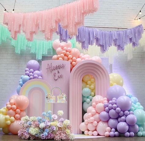 Pastel rainbow first birthday theme and decorations Balloons Purple, Rainbow Birthday Party Decorations, Teal Balloons, Wedding Pastel, Rainbow Themed Birthday Party, Candy Theme Birthday Party, Rainbow Party Decorations, Yellow And Teal, Unicorn Themed Birthday Party