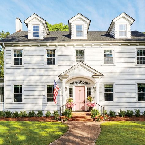 WATCH: This Historic Colonial Home Gets a Modern Makeover Bright White Paint Colors, Shutters Door, Exterior Paint Sherwin Williams, Bright White Paint, White Exterior Paint Colors, White Kitchen Paint, White Exterior Paint, Brick Houses, White Exterior Houses