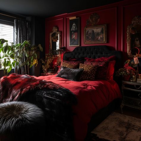 Fluffy textures, animals, prints, dark and moody <3 Dark Modern Bedroom, Modern Victorian Bedroom, Gothic Decor Bedroom, Gothic Bedroom, Victorian Bedroom, Dark Home Decor, Bedroom Red, Dream Room Inspiration, Gothic Home Decor