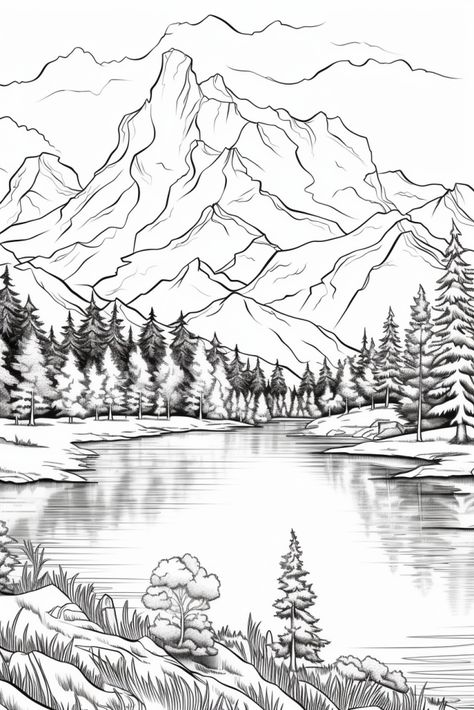 Landscapes Coloring Pages, Scenery Coloring Pages Nature, Landscape Coloring Pages Free Printable, Sketch Of Scenery, Nature Coloring Pages For Adults, Detailed Coloring Pages For Grown Ups, Mountain Coloring Pages, Mascot Character Design, Nature Coloring Pages