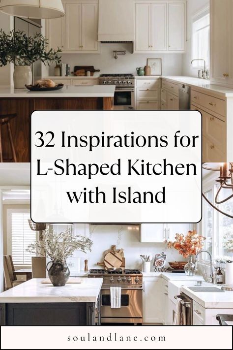 Elevate your kitchen's design and functionality with our collection of L-shaped kitchen with island ideas that stand out. Learn how to seamlessly integrate an island into your L-shaped kitchen, enhancing its appeal and usability. Whether you're aiming for a minimalist look with clean lines and neutral colors or a bold statement with vibrant hues and innovative materials, these ideas will guide you in crafting a kitchen that's not only beautiful but also perfectly suited to your lifestyle. Dive i L Shape Kitchen Design Modern Small With Island, Island L Shaped Kitchen, Home Entrance Kitchen, Island With Seating All Around, U Kitchen With Island Layout, L Shaped Kitchen No Window Layout, 5x7 Kitchen Island, 4ft Island Kitchen, U Shaped Kitchen With Island Modern