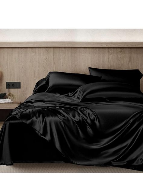 Transform your bedroom into a haven of serenity with our luxurious silk bed sheets. Sweet dreams guaranteed! ✨ 🔘Mulberry Silk Bedsheet with pillow covers Silk Black Bedding, Black Silk Bed Sheets, Mulberry Silk Bedding, Silk Bed Covers, Satin Bed Sheets Aesthetic, Black Silk Bedding Aesthetic, Silk Bedsheet Aesthetic, Satin Bedding Aesthetic, Silk Bed Sheets Aesthetic