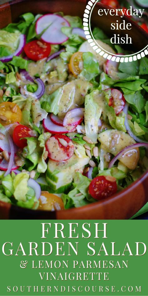 A fresh, colorful Southern Garden Salad is the perfect everyday side dish. Loaded with fresh tomatoes, garden cucumbers, red onion, radishes and sunflower seeds, it’s right for every night of the week. Homemade croutons and a simple, tangy Lemon Parmesan vinaigrette only make it better! Fresh Garden Salad Recipes, Side Salad Recipes Simple, Summer Garden Salad Recipes, Fresh Garden Salad Ideas, Quick Side Salad, Fresh Garden Lettuce Salad Recipes, Simple Salad Recipes Lettuce, Simple Greens Salad, Brunch Side Salad