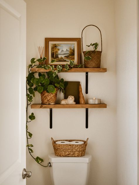 Bathroom Shelving Ideas, Small Half Bathroom, Half Bathroom Decor, Shelves Over Toilet, Bathroom Shelf Decor, Bathroom Shelving, Shelving Ideas, Bathroom Inspiration Decor, Apartment Decor Inspiration