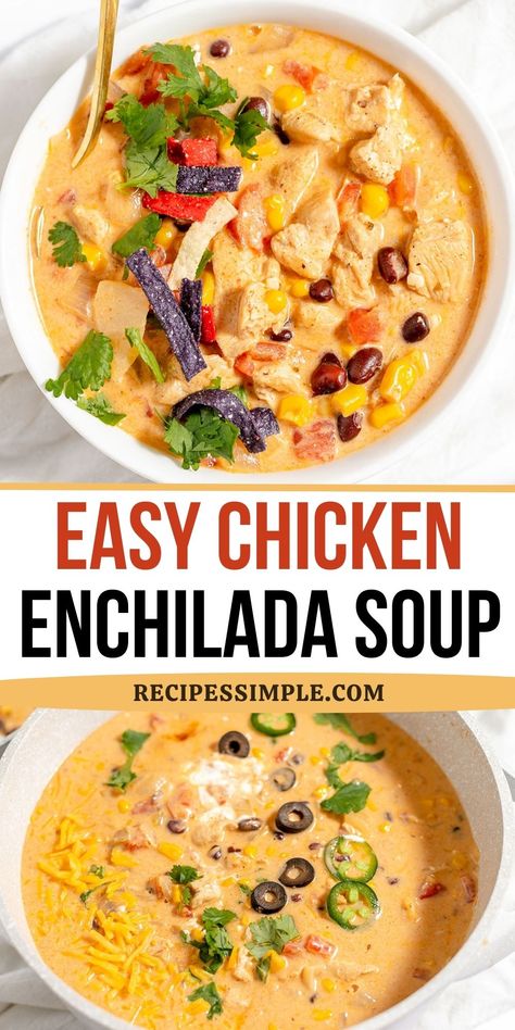 This Chicken Enchilada Soup recipe is a hearty and flavorful dish that is easy to make in just 40 minutes. Perfect easy soup recipe for chilly weeknight meals. Vegan Chicken Enchilada Soup, Chilis Chicken Enchilada Soup Recipe Copycat, Enchilada Soup Crockpot Easy, Cheesy Chicken Enchilada Soup Crock Pot, Easy Chicken Enchilada Soup Crock Pot, Comfort Food With Chicken, Copycat Chilis Enchilada Soup, Enchilada Soup Chilis, Baja Chicken Enchilada Soup