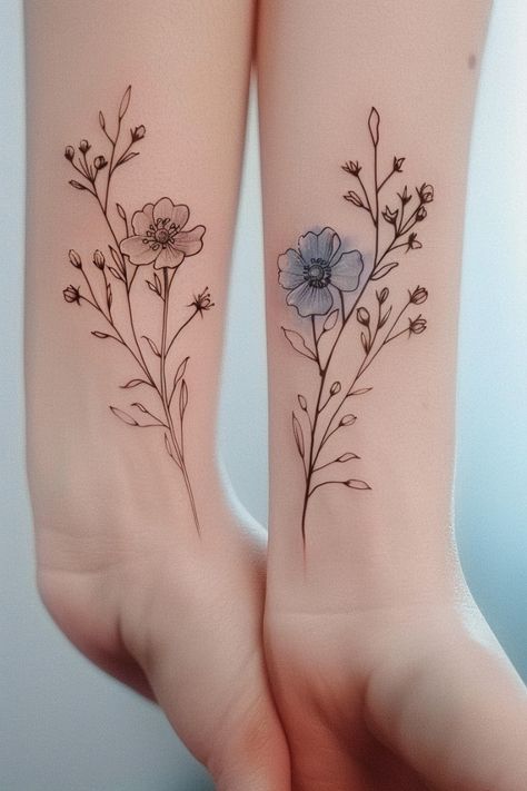 Forget Me Not Flower Tattoo, Forget Me Not Tattoo, Thigh Tat, Bouquet Tattoo, Wildflower Tattoo, Forget Me Not Flower, Floral Tattoo Sleeve, Tattoo Black, Sister Tattoos