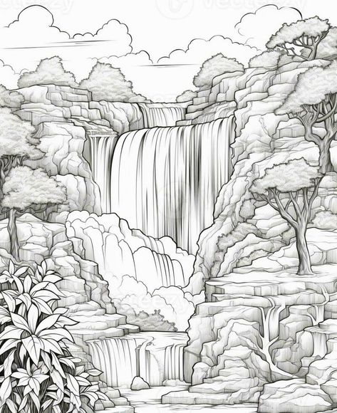 a drawing of a waterfall with trees and bushes in the background. generative ai. Perspective Landscape Drawing, Fantasy Landscape Drawing, Fantasy World Drawing, Waterfall Scenery Drawing, Waterfall Sketch, Ground Drawing, Graphics Architecture, Environment Drawing, Waterfall Drawing