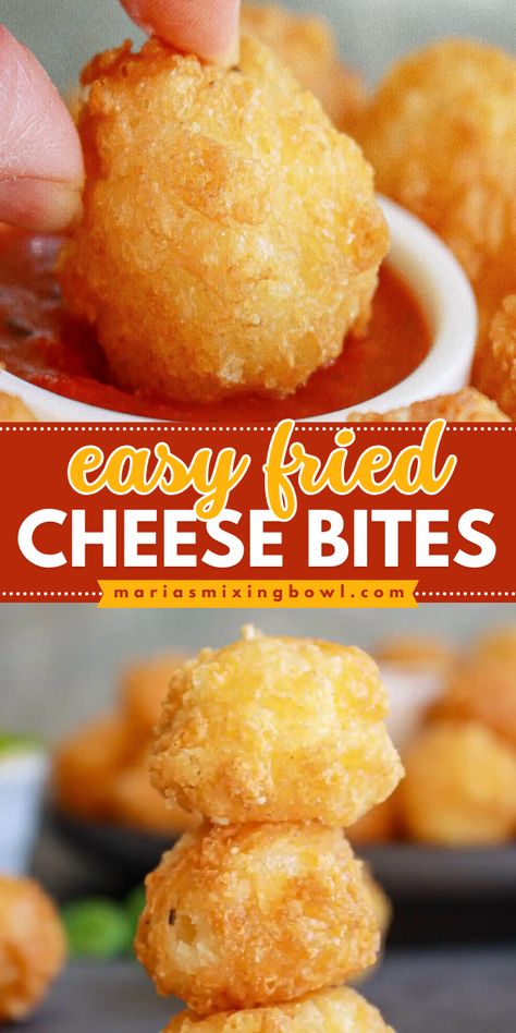 Looking for the best game day recipes? Here's an easy appetizer recipe for a crowd! Everyone will enjoy these crispy fried cheese bites that are full of bold flavor. Check out what to serve with these baked cheese bites for a fun party snack! Iowa Party Bites, Baked Cheese Bites, Easy Fried Cheese Bites, Funky Recipes, Mozzarella Cheese Balls Fried, Fried Cheese Balls Recipe, Fried Mac N Cheese Bites, Fried Mac And Cheese Bites, Fried Cheese Balls