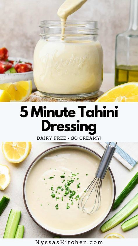 This creamy, easy-to-make tahini dressing is the new homemade sauce recipe you'll love having in your back pocket! Bright and nutty, it's the perfect addition to salads, grain bowls, roasted vegetables, or a simple protein. Gluten free, vegan option, Whole30 option. Salad Dressing Creamy, Tahini Vinaigrette, Tahini Salad, Tahini Salad Dressing, Tahini Dressing Recipe, Healthy Dressing, Vegan Salad Dressing, Homemade Sauce Recipes, Simple Salad