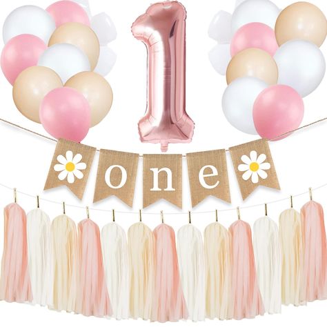 One Year Old Birthday Party Girl Flower Theme, Isn't She Onederful Birthday Decorations, One Groovy Year Birthday, One Year Girl Birthday Themes, Isnt She Onederful Birthday Theme, Daisy 1st Birthday, 1st Birthday Decoration, One Highchair Banner, Paper Tassels