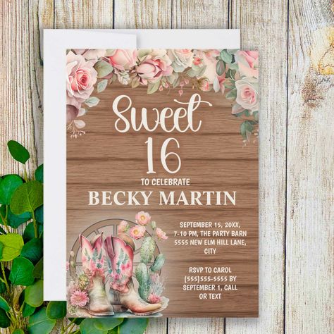 Cowgirl Boots Pink, Sweet 16 Rose Gold, 16 Gifts, Sweet 16 Party Invitations, 16 Invitations, Wood Invitation, Party Barn, Sweet 16 Gifts, Party Invite Design