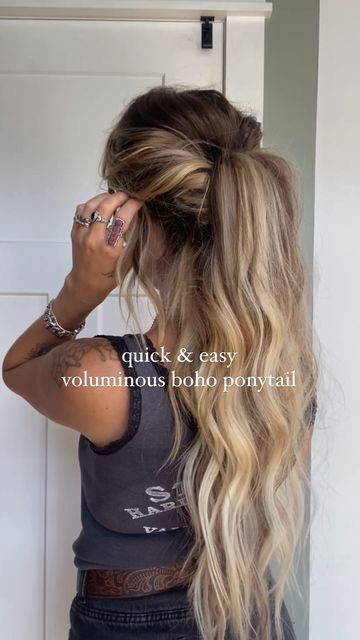 Ponytail For Long Hair Wedding, Long Hair Volume Ponytail, Easy Hair Updos Braid, Easy Hairstyles For Long Extensions, Ponytails For Long Hair Easy, Easy Long Hair Tutorial, Cute Pool Hairstyles Long Hair, Hairstyles When You Have Extensions, Boho Updo Ponytail