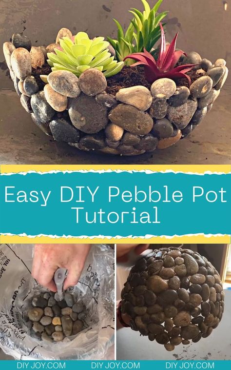 Pebble Pot - Easy Crafts with Rocks - How to Make a Pebble Pot via @diyjoycrafts Rock Crafts Diy, Homemade Clay, Astuces Diy, Deco Nature, Diy Crafts To Do, Garden Art Crafts, Stone Crafts, Diy Crafts For Home Decor, Garden Art Diy