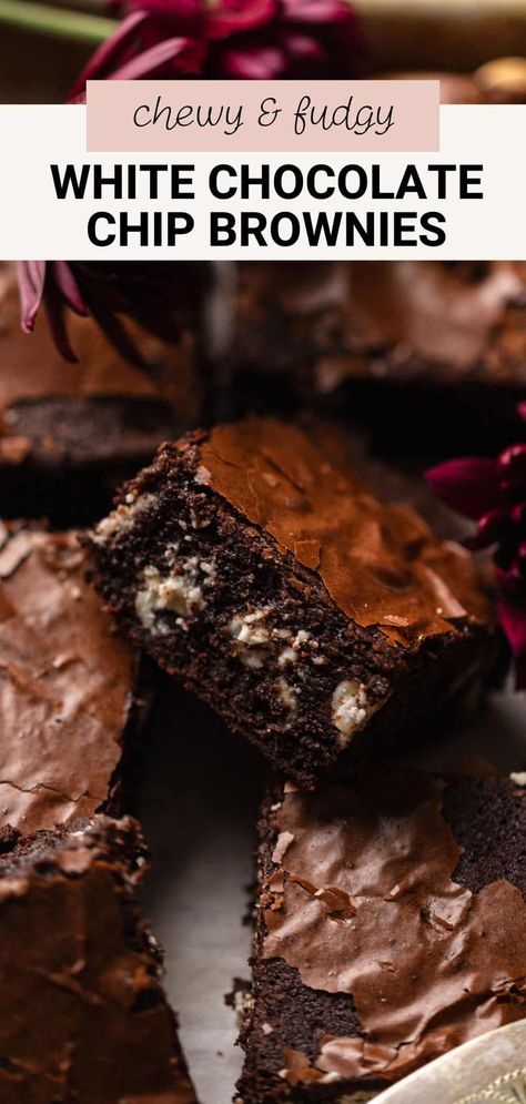 With three kinds of chocolate, these white chocolate chip brownies are the ultimate sweet treat for chocolate lovers. They come together in one bowl, bake up in under 40 minutes, and have an incredibly soft and fudgy texture plus perfectly shiny crinkled tops! Brownies White Chocolate Chips, White Chocolate Chip Brownies Recipes, 8x8 Brownie Recipe, White Chocolate Chip Recipes, Brownies With White Chocolate Chips, White Chocolate Chip Brownies, Brownies White Chocolate, Diwali Desserts, White Chocolate Chips Recipes