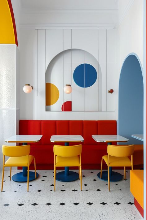 Interior Design Primary Colors, Bauhaus Cafe Interior, Colourful Cafe Interior, Pop Art Cafe Interior, Pizza Restaurant Color Palette, Color Restaurant Design, Pop Culture Interior Design, Quirky Cafe Interior, Primary Color Decor