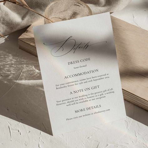 Details Card For Wedding Invitation, Details Card Wedding Invitation, Wedding Invitation Details, Invitation Details Card, Wedding Invitation Details Card, Modern Elegant Wedding, Minimal Wedding Invitation, Chic Wedding Invitations, Wedding Details Card