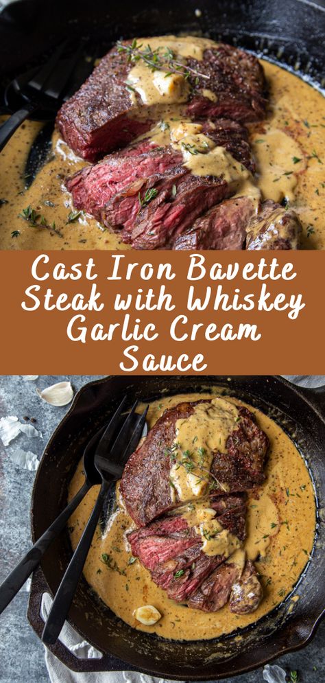 Cast Iron Bavette Steak with Whiskey Garlic Cream Sauce Cast Iron Bavette Steak With Whiskey Garlic Cream Sauce, Babette Steak With Whiskey Garlic Cream Sauce, Whiskey Cream Sauce Steak, Irish Beef Recipes, Dinner Recipes Elegant, Elegant Steak Dinner, Gourmet Meat Recipes, Cook Like A Chef Recipes, Steak With Whiskey Cream Sauce