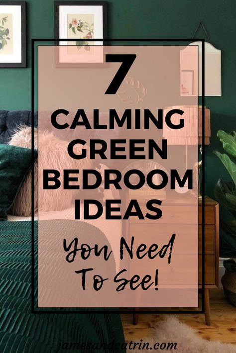 Inspiring green bedroom ideas to create a calming space. From green walls to green artwork, learn how to bring green into your bedroom. #greenbedroomideas #bedroomideas #greendecor #homedecor #jamesandcatrin Green Master Bedrooms Decor Cozy, Bedroom With Green Accents, Green And Gray Bedroom, Green And Black Bedroom, Green Curtains Bedroom, Light Green Bedrooms, Green Bedroom Walls, Beautiful Bed Designs, Green Bed