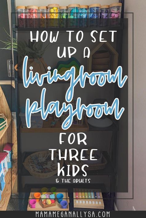 Find all our favorite toys and how we use our space in our multi age playroom for three Functional Playroom Family Rooms, Small House Playroom Ideas, Playroom Next To Kitchen, Multi Age Playroom Ideas, Family Room Toy Room Combo, Creating A Play Area In Living Room, Playroom In The Living Room, Simple Playroom Decor, Turning Dining Room Into Playroom