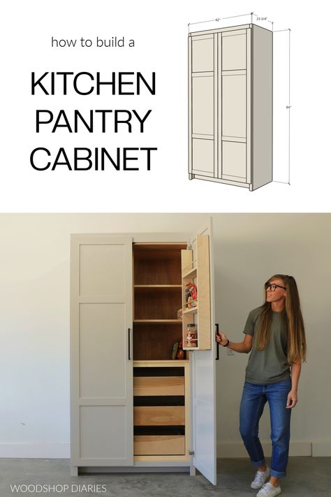 DIY Kitchen Pantry Cupboard How To Build A Kitchen Pantry, Diy Kitchen Pantry Cabinet How To Build, Diy Cabinet Pantry, Easy Diy Pantry Cabinet, Pantry Cabinet Plans, Diy Built In Pantry Cabinet, Pantry Cabinet Ideas Diy, Building A Pantry In Kitchen, Pantry Diy Build