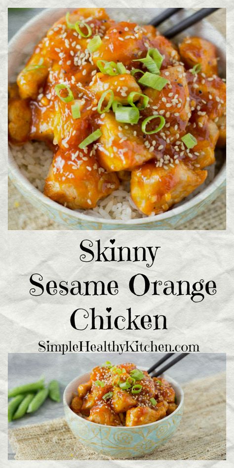 Skinny Orange Sesame Chicken _ Sweet orange, chili glazed goodness! This classic Asian dish gets a healthy makeover. Crispy chicken bites smothered in a sweet, tangy orange sauce, with a subtle chili kick is really very tempting. Garnish with toasted sesame seeds & green onions! Orange Sesame Chicken, Healthy Lemon Chicken, Chicken Recipes Easy Quick, Asian Dish, Healthy Chicken Recipes Easy, Quick Healthy Dinner, Chicken Easy, Food Gallery, Sesame Chicken