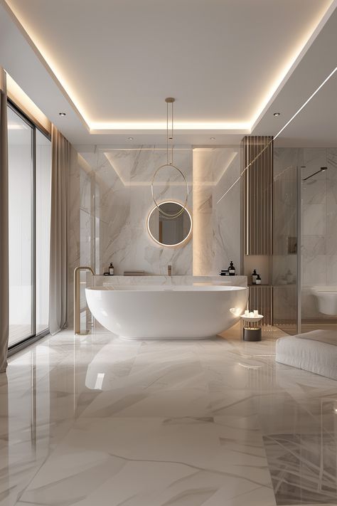 Sophisticated marble bathroom • Refined ambient lighting • Elegant freestanding tub • Floating marble vanity • Statement circular mirror with backlight • Gold-tone pendant lighting • Glass-encased shower • Luxurious polished marble flooring • Plush towels and spa accessories for a pampering experience. Light Marble Bathroom, Freestanding Tub With Shower Combo, Luxury Grey Bathroom, Dream Bathrooms Luxury Modern, Gold Marble Bathroom, Bathrooms Luxury Modern, Floating Marble Vanity, Mirror With Backlight, Beige Marble Bathroom