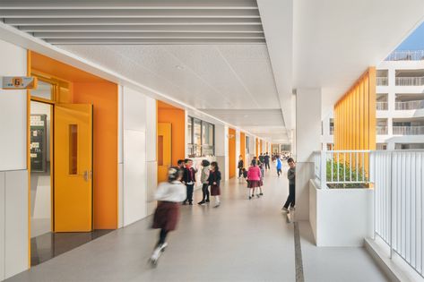 Gallery of Eastern Greater Bay Area Experimental School / CMAD Architects - 19 School Corridor Design Ideas, School Doors Ideas, School Door Design, School Corridor Design, High School Corridor, School Interior Design, Colored Doors, School Corridor, School Signage