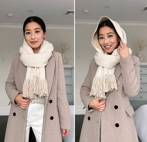 How to style women's scarf as a hat tiktok hack // cream + taupe winter outfit Winter Scarf Tying, Tie Hack, Ways To Style A Scarf, Style A Scarf, Native Outfits, Scarf Hood, Scarf Wearing Styles, Mango Coats, Ways To Tie Scarves