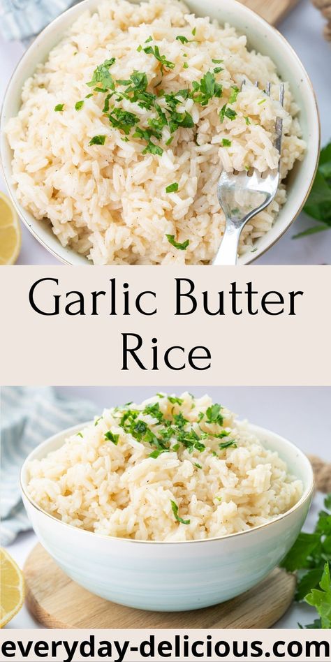 Roasted Garlic Rice, Side Dish With Steak, Sides For Fish, Buttered Rice Recipe, Garlic Rice Recipes, Garlic Butter Rice, Buttery Rice, Make Garlic Butter, Rice Side Dish Recipes