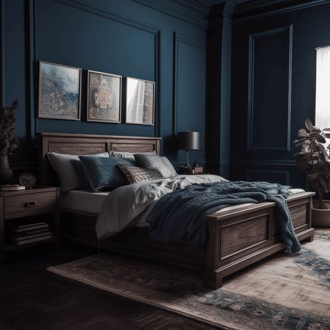 13 Stunning Dark Wood Bedroom Ideas To Create A Cozy & Inviting Space - Bedroom Paint Ideas With Dark Furniture, Blue Bedroom With Dark Wood Furniture, Dark Walls Light Furniture Bedroom, Dark Wood And Navy Bedroom, Navy Masculine Bedroom, Navy Wood Bedroom, Dark Wood Bedroom Furniture Wall Color, Dark Blue And Wood Bedroom, Stormy Blue Bedroom