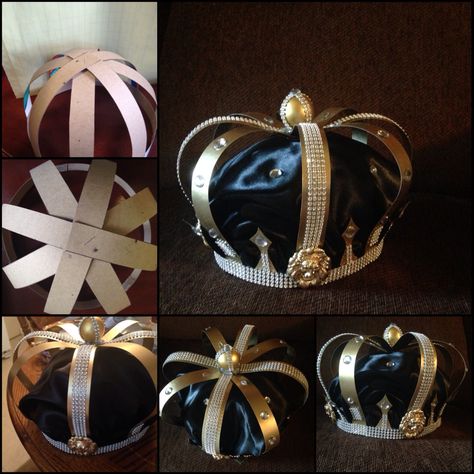 Handmade crown with cardboard paper, tread, hot glue, fabric, and with plastic and metal gems... Diy Large Crown Prop, How To Make A Crown Out Of Cardboard, Handmade Crowns Paper, King Crown Diy, Diy Crown Queen, Types Of Crowns, Cardboard Crown, Crown Decorations, Perlengkapan Bayi Diy