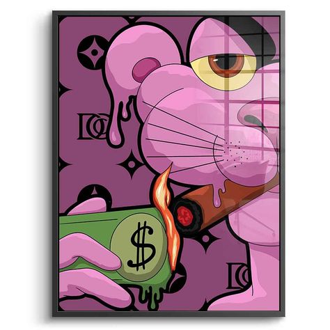 MELTING PANTHER | New Drop 🔥 special collection by @dotcomcanvas “Melting Panther” is a stunning, vibrant piece showcasing a surreal pink panther with a melting, fluid form and half-closed, expressive eyes. It holds a lit cigar ignited by a dollar bill, symbolizing a bold commentary on wealth and luxury. The background, adorned with patterns reminiscent of high-end brands, enhances its opulent and edgy vibe. The artwork’s striking colors and dynamic shapes make it an unforgettable and capti... Pink Panther Painting, Silver Leaf Art, The Pink Panther, Realism Artists, Gold Leaf Art, Canvas Painting Designs, Pink Panther, Sculpture Painting, Pink Panthers