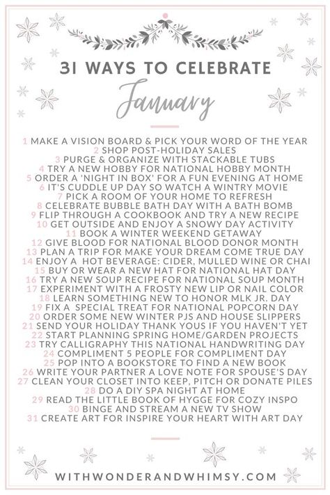 31 Ways To Celebrate January, Ways To Celebrate January, January To Do List, January Bucket List, January Planning, New Year With Friends, Celebrate January, January Habits, January Goals