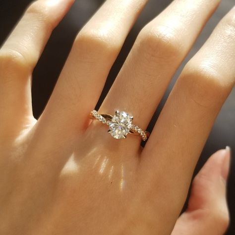 1-50-ct-oval-shaped-moissanite-twisted-pave-setting-engagement-ring Pave Setting Engagement Ring, Setting Engagement Ring, Pretty Engagement Rings, Cute Engagement Rings, Future Engagement Rings, Oval Engagement, Oval Moissanite, Dream Engagement, Dream Engagement Rings